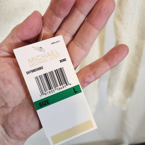 NWT MICHAEL KORS Off the Shoulder Sweater Color bone w/irradescant sequins LARGE - Picture 6 of 8